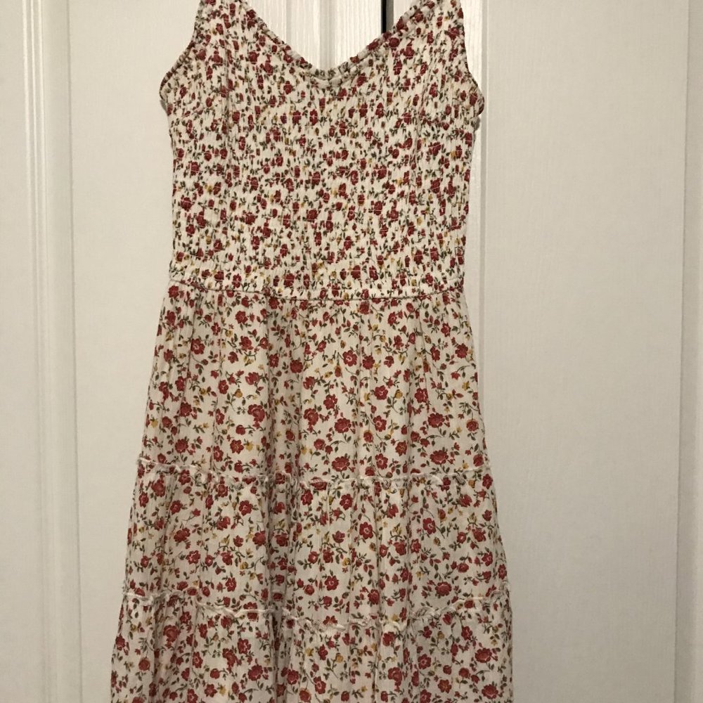 Hollister Red and White Floral Smocked Spaghetti Strap Dress, XS